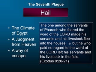 Hail
• The Climate
of Egypt
• A Judgment
from Heaven
• A way of
escape
The Seventh Plague
The one among the servants
of Pharaoh who feared the
word of the LORD made his
servants and his livestock flee
into the houses; 21 but he who
paid no regard to the word of
the LORD left his servants and
his livestock in the field.
(Exodus 9:20-21)
 