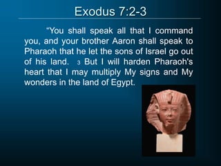 Exodus 7:2-3
“You shall speak all that I command
you, and your brother Aaron shall speak to
Pharaoh that he let the sons of Israel go out
of his land. 3 But I will harden Pharaoh's
heart that I may multiply My signs and My
wonders in the land of Egypt.
 