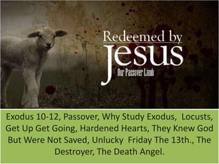Exodus 10-12, Passover, Why Study Exodus, Locusts,
Get Up Get Going, Hardened Hearts, They Knew God
But Were Not Saved, Unlucky Friday The 13th., The
Destroyer, The Death Angel.

 