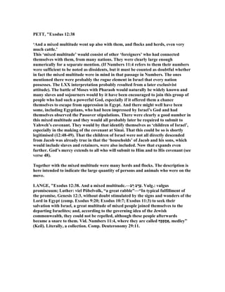 PETT, "Exodus 12:38
‘And a mixed multitude went up also with them, and flocks and herds, even very
much cattle.’
This ‘mixed multitude’ would consist of other ‘foreigners’ who had connected
themselves with them, from many nations. They were clearly large enough
numerically for a separate mention. (If umbers 11:4 refers to them their numbers
were sufficient to be noted as dissidents, but it must be counted as doubtful whether
in fact the mixed multitude were in mind in that passage in umbers. The ones
mentioned there were probably the rogue element in Israel that every nation
possesses. The LXX interpretation probably resulted from a later exclusivist
attitude). The battle of Moses with Pharaoh would naturally be widely known and
many slaves and sojourners would by it have been encouraged to join this group of
people who had such a powerful God, especially if it offered them a chance
themselves to escape from oppression in Egypt. And there might well have been
some, including Egyptians, who had been impressed by Israel’s God and had
themselves observed the Passover stipulations. There were clearly a good number in
this mixed multitude and they would all probably later be required to submit to
Yahweh’s covenant. They would by that identify themselves as ‘children of Israel’,
especially in the making of the covenant at Sinai. That this could be so is shortly
legitimised (12:48-49). That the children of Israel were not all directly descended
from Jacob was already true in that the ‘households’ of Jacob and his sons, which
would include slaves and retainers, were also included. ow that expands even
further. God’s mercy extends to all who will submit to Him and to His covenant (see
verse 48).
Together with the mixed multitude were many herds and flocks. The description is
here intended to indicate the large quantity of persons and animals who were on the
move.
LA GE, "Exodus 12:38. And a mixed multitude.—‫ב‬ ַ‫ר‬ ‫ב‬ ֶ‫ֵר‬‫ע‬. Vulg.: vulgus
promiscuum; Luther: viel Pöbelvolk, “a great rabble”—“In typical fulfillment of
the promise, Genesis 12:3, without doubt stimulated by the signs and wonders of the
Lord in Egypt (comp. Exodus 9:20; Exodus 10:7; Exodus 11:3) to seek their
salvation with Israel, a great multitude of mixed people joined themselves to the
departing Israelites; and, according to the governing idea of the Jewish
commonwealth, they could not be repelled, although these people afterwards
became a snare to them. Vid. umbers 11:4, where they are called ‫ֻף‬‫ס‬ְ‫פ‬ַ‫ס‬ֲ‫,א‬ medley”
(Keil). Literally, a collection. Comp. Deuteronomy 29:11.
 