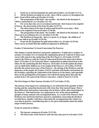 a Israel are to ask the Egyptians for gold and jewellery, etc (Exodus 11:1-3).
b All the firstborn in Egypt are to die - there will be a great cry throughout the
land - Israel will be told to go (Exodus 11:4-10).
c The preparation of the lamb - the sacrifice - the blood on the doorpost it -
will be a memorial for ever (Exodus 12:1-14).
d For seven days they are to eat unleavened bread - their houses to be emptied
of leaven - the observation of the feast (Exodus 12:15-17).
d The observation of the feast of unleavened bread for seven days - their
houses to be emptied of leaven (Exodus 12:18-20).
c The preparation of the lamb - the sacrifice - the blood on the doorpost - to be
observed as an ordinance for ever (Exodus 12:21-28).
b The firstborn in Egypt die - there is a great cry in Egypt - the children of
Israel are told to go (Exodus 12:29-34).
a Israel ask the Egyptians for gold and jewellery etc. (Exodus 12:35-36).
There can be no doubt that this skilful arrangement is deliberate.
Exodus 12 Instructions To Israel Concerning The Passover.
This chapter is partly historical, and partly explanatory. It splits into a number of
sections. (1) Exodus 12:1-14 contain the explanations given by Yahweh to Moses and
Aaron with regard to the conducting of the first Passover. (2) Exodus 12:15-20
connect the Passover with the Feast of Unleavened Bread to be observed at future
times. (3) Exodus 12:21-23 present Moses’ explanations in abbreviated form to the
elders for the conducting the first Passover. (4) Exodus 12:24-28 explain the future
way in which their children are to be taught of the Passover. (5) Exodus 12:29-42
describe the actual occurrence of the Passover , the slaying of the firstborn, and the
departure of the people. (6) Exodus 12:43-51 conclude with further instructions for
the Israelites regarding the celebration of the Passover in the future, and especially
focus on the participation of foreigners who will dwell among them. But only the
section from 1-36 is part of the Passover narrative., which is from 11:1-12:36.
The First Stages of Their Journey (Exodus 12:37 to Exodus 13:22).
The journey from Egypt now commencing we are informed of the quantity of those
leaving and the connection backwards with when they first entered Egypt. This is
then followed by instructions concerning who in future will be able to participate in
the Passover. This had become very important in view of the mixed multitude
(peoples of many nations) who accompanied them. As a result of the Passover their
firstborn sons and beasts had been spared so regulations concerning the firstborn
are laid down, together with those concerning the accompanying feast which was
even then in process. And following that we are given information about the initial
stages of their journey.
It may be analysed as follows:
a The journey commences (Exodus 12:37-42).
b The observance of the Passover and who may take part in it (Exodus 12:43-
 