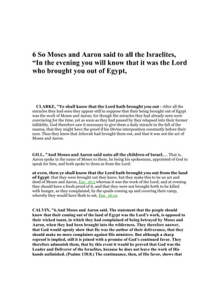 6 So Moses and Aaron said to all the Israelites,
“In the evening you will know that it was the Lord
who brought you out of Egypt,
CLARKE, "Ye shall know that the Lord hath brought you out - After all the
miracles they had seen they appear still to suppose that their being brought out of Egypt
was the work of Moses and Aaron; for though the miracles they had already seen were
convincing for the time, yet as soon as they had passed by they relapsed into their former
infidelity. God therefore saw it necessary to give them a daily miracle in the fall of the
manna, that they might have the proof if his Divine interposition constantly before their
eyes. Thus they knew that Jehovah had brought them out, and that it was not the act of
Moses and Aaron.
GILL, "And Moses and Aaron said unto all the children of Israel,.... That is,
Aaron spoke in the name of Moses to them, he being his spokesman, appointed of God to
speak for him, and both spoke to them as from the Lord:
at even, then ye shall know that the Lord hath brought you out from the land
of Egypt: that they were brought out they knew, but they make this to be an act and
deed of Moses and Aaron, Exo_16:3 whereas it was the work of the Lord; and at evening
they should have a fresh proof of it, and that they were not brought forth to be killed
with hunger, as they complained, by the quails coming up and covering their camp,
whereby they would have flesh to eat, Exo_16:12.
CALVI , "6.And Moses and Aaron said. The statement that the people should
know that their coming out of the land of Egypt was the Lord’s work, is opposed to
their wicked taunt, in which they had complained of being betrayed by Moses and
Aaron, when they had been brought into the wilderness. They therefore answer,
that God would openly show that He was the author of their deliverance, that they
should make no more complaints against His ministers. But although a sharp
reproof is implied, still it is joined with a promise of God’s continued favor. They
therefore admonish them, that by this event it would be proved that God was the
Leader and Deliverer of the Israelites, because he does not leave the work of His
hands unfinished. (Psalms 138:8.) The continuance, then, of His favor, shows that
 