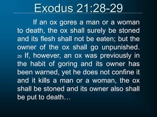 Exodus 21:28-29
If an ox gores a man or a woman
to death, the ox shall surely be stoned
and its flesh shall not be eaten; but the
owner of the ox shall go unpunished.
29 If, however, an ox was previously in
the habit of goring and its owner has
been warned, yet he does not confine it
and it kills a man or a woman, the ox
shall be stoned and its owner also shall
be put to death…
 