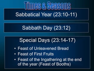 Sabbatical Year (23:10-11)
Sabbath Day (23:12)
Special Days (23:14-17)
• Feast of Unleavened Bread
• Feast of First Fruits
• Feast of the Ingathering at the end
of the year (Feast of Booths)
 
