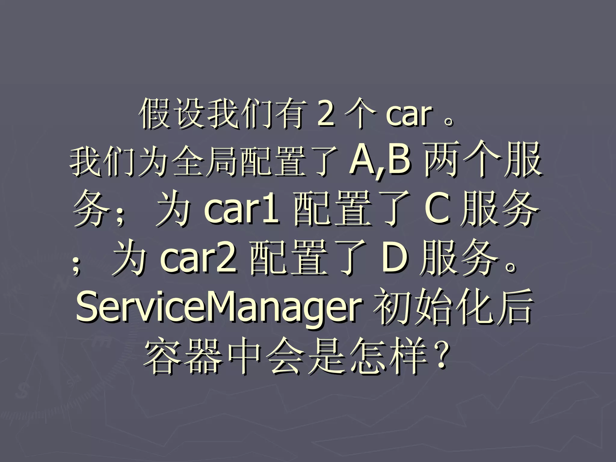 假设我们有 2 个 car 。
我们为全局配置了 A,B 两个服
务；为 car1 配置了 C 服务
；为 car2 配置了 D 服务。
ServiceManager 初始化后
   容器中会是怎样？
 