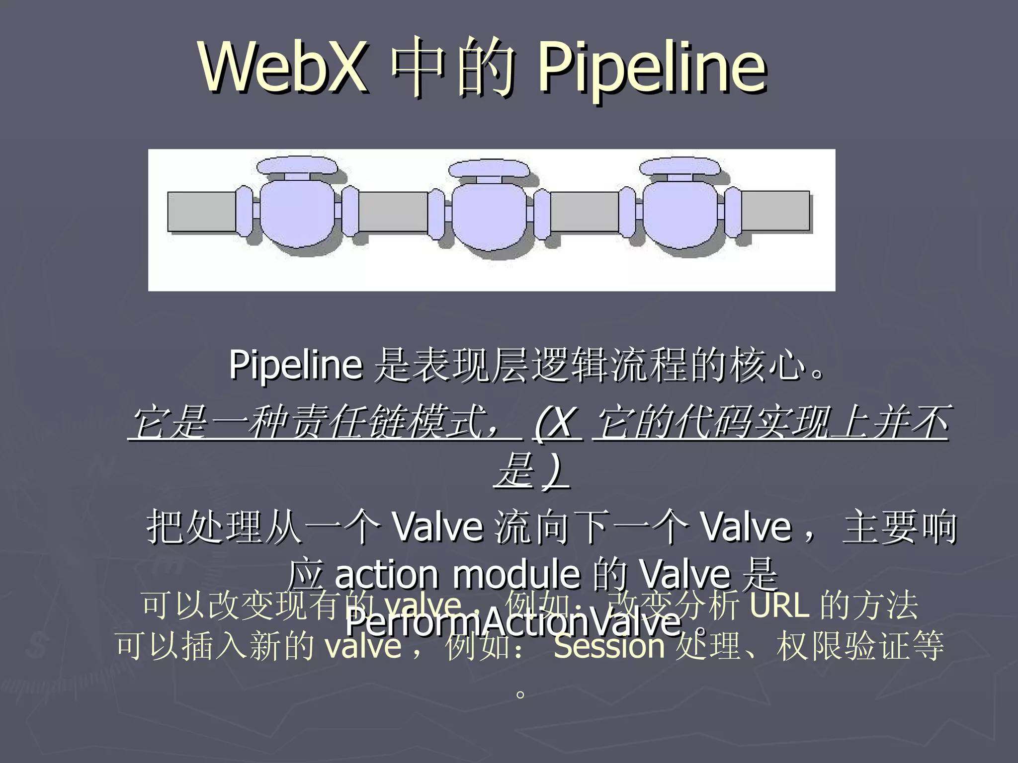 WebX 中的 Pipeline



   Pipeline 是表现层逻辑流程的核心。
它是一种责任链模式， (X 它的代码实现上并不
                 是)
把处理从一个 Valve 流向下一个 Valve ，主要响
      应 action module 的 Valve 是
可以改变现有的 valve ，例如：改变分析 URL 的方法
          PerformActionValve 。
可以插入新的 valve ，例如： Session 处理、权限验证等
                。
 