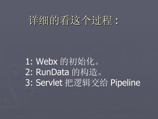 详细的看这个过程 :


1: Webx 的初始化。
2: RunData 的构造。
3: Servlet 把逻辑交给 Pipeline
 