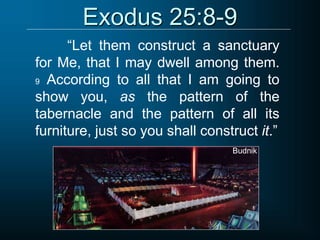 Exodus 25:8-9
“Let them construct a sanctuary
for Me, that I may dwell among them.
9 According to all that I am going to
show you, as the pattern of the
tabernacle and the pattern of all its
furniture, just so you shall construct it.”
Budnik
 