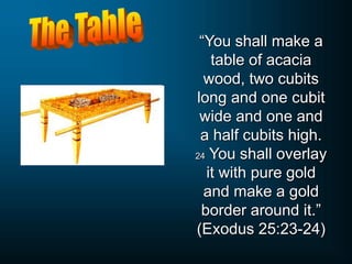 “You shall make a
table of acacia
wood, two cubits
long and one cubit
wide and one and
a half cubits high.
24 You shall overlay
it with pure gold
and make a gold
border around it.”
(Exodus 25:23-24)
 