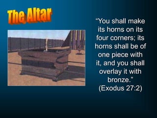 “You shall make
its horns on its
four corners; its
horns shall be of
one piece with
it, and you shall
overlay it with
bronze.”
(Exodus 27:2)
 
