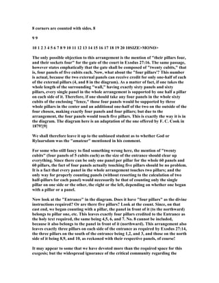 8 corners are counted with sides. 8
9 9
10 1 2 3 4 5 6 7 8 9 10 11 12 13 14 15 16 17 18 19 20 10SIZE>MO O>
The only possible objection to this arrangement is the mention of "their pillars four,
and their sockets four" for the gate of the court in Exodus 27:16. The same passage,
however states emphatically that the gate shall be composed of "twenty cubits," that
is, four panels of five cubits each. ow, what about the "four pillars'? This number
is actual, because the two external panels can receive credit for only one-half of each
of the external pillars (4, and 8 in the diagram). As a matter of fact, if one takes the
whole length of the surrounding "wall," having exactly sixty panels and sixty
pillars, every single panel in the whole arrangement is supported by one half a pillar
on each side of it. Therefore, if one should take any four panels in the whole sixty
cubits of the enclosing "fence," those four panels would be supported by three
whole pillars in the center and an additional one-half of the two on the outside of the
four chosen, making exactly four panels and four pillars; but due to the
arrangement, the four panels would touch five pillars. This is exactly the way it is in
the diagram. The diagram here is an adaptation of the one offered by F. C. Cook in
1879![9]
We shall therefore leave it up to the unbiased student as to whether God or
Rylaarsdam was the "amateur" mentioned in his comment.
For some who still fancy to find something wrong here, the mention of "twenty
cubits" (four panels of 5 cubits each) as the size of the entrance should clear up
everything. Since there can be only one panel per pillar for the whole 60 panels and
60 pillars, the fact of four panels actually touching five pillars should be no problem.
It is a fact that every panel in the whole arrangement touches two pillars; and the
only way for properly counting panels (without resorting to the calculation of two
half-pillars for each panel) would necessarily be that of counting only the single
pillar on one side or the other, the right or the left, depending on whether one began
with a pillar or a panel.
ow look at the "Entrance" in the diagram. Does it have "four pillars" as the divine
instructions required? Or are there five pillars? Look at the count. Since, on that
east end, we began counting with a pillar, the panel in front of it (to the northward)
belongs to pillar one, etc. This leaves exactly four pillars credited to the Entrance as
the holy text required, the same being 4,5, 6, and 7. o. 8 cannot be included,
because it also belongs to the panel in front of it (northward). This arrangement also
leaves exactly three pillars on each side of the entrance as required by Exodus 27:14,
the three pillars on the south of the entrance being 1,2, and 3, and those on the north
side of it being 8,9, and 10, as reckoned with their respective panels, of course!
It may appear to some that we have devoted more than the required space for this
exegesis; but the widespread ignorance of the critical community regarding the
 