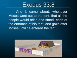 Exodus 33:8
And it came about, whenever
Moses went out to the tent, that all the
people would arise and stand, each at
the entrance of his tent, and gaze after
Moses until he entered the tent.
 