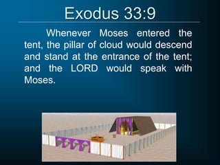 Exodus 33:9
Whenever Moses entered the
tent, the pillar of cloud would descend
and stand at the entrance of the tent;
and the LORD would speak with
Moses.
 