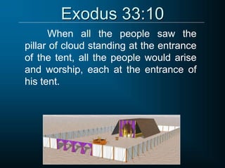 Exodus 33:10
When all the people saw the
pillar of cloud standing at the entrance
of the tent, all the people would arise
and worship, each at the entrance of
his tent.
 