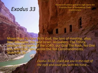 Exodus 33

Ancestral Puebloan granaries high above the
Colorado River at Nankoweap Creek,
Grand Canyon.

Moses Face To Face With God, the tent of meeting, aliya,
Bnei Menashe, the land Israel, Jerusalem, The Trinity,
proclaim the name of the LORD, our God The Rock, No One
Has Seen God, who wrote the Ten Commandments,
Shekinah, Ss
Exodus 33:22 …I will put you in the cleft of
the rock and cover you with My hand …

 