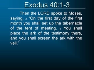 Exodus 40:1-3
Then the LORD spoke to Moses,
saying, 2 “On the first day of the first
month you shall set up the tabernacle
of the tent of meeting. 3 You shall
place the ark of the testimony there,
and you shall screen the ark with the
veil.”
 