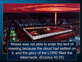 Moses was not able to enter the tent of
meeting because the cloud had settled on
it, and the glory of the LORD filled the
tabernacle. (Exodus 40:35)
 