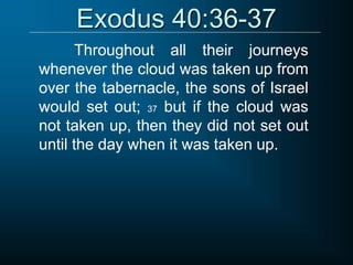 Exodus 40:36-37
Throughout all their journeys
whenever the cloud was taken up from
over the tabernacle, the sons of Israel
would set out; 37 but if the cloud was
not taken up, then they did not set out
until the day when it was taken up.
 