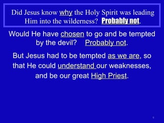 Did Jesus know  why  the Holy Spirit was leading Him into the wilderness?  Probably not . Would He have  chosen  to go and be tempted by the devil?  Probably not . But Jesus had to be tempted  as we are , so that He could  understand  our weaknesses, and be our great  High Priest . 
