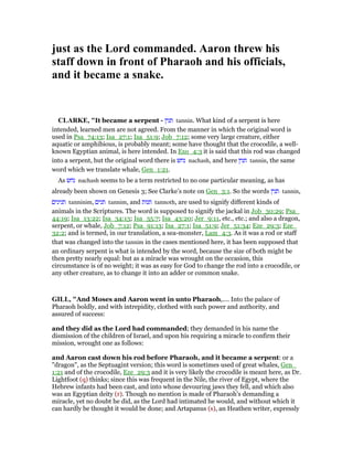 just as the Lord commanded. Aaron threw his
staff down in front of Pharaoh and his officials,
and it became a snake.
CLARKE, "It became a serpent - ‫תנין‬ tannin. What kind of a serpent is here
intended, learned men are not agreed. From the manner in which the original word is
used in Psa_74:13; Isa_27:1; Isa_51:9; Job_7:12; some very large creature, either
aquatic or amphibious, is probably meant; some have thought that the crocodile, a well-
known Egyptian animal, is here intended. In Exo_4:3 it is said that this rod was changed
into a serpent, but the original word there is ‫נחש‬ nachash, and here ‫תנין‬ tannin, the same
word which we translate whale, Gen_1:21.
As ‫נחש‬ nachash seems to be a term restricted to no one particular meaning, as has
already been shown on Genesis 3; See Clarke’s note on Gen_3:1. So the words ‫תנין‬ tannin,
‫תנינים‬ tanninim, ‫תנים‬ tannim, and ‫תנות‬ tannoth, are used to signify different kinds of
animals in the Scriptures. The word is supposed to signify the jackal in Job_30:29; Psa_
44:19; Isa_13:22; Isa_34:13; Isa_35:7; Isa_43:20; Jer_9:11, etc., etc.; and also a dragon,
serpent, or whale, Job_7:12; Psa_91:13; Isa_27:1; Isa_51:9; Jer_51:34; Eze_29:3; Eze_
32:2; and is termed, in our translation, a sea-monster, Lam_4:3. As it was a rod or staff
that was changed into the tannim in the cases mentioned here, it has been supposed that
an ordinary serpent is what is intended by the word, because the size of both might be
then pretty nearly equal: but as a miracle was wrought on the occasion, this
circumstance is of no weight; it was as easy for God to change the rod into a crocodile, or
any other creature, as to change it into an adder or common snake.
GILL, "And Moses and Aaron went in unto Pharaoh,.... Into the palace of
Pharaoh boldly, and with intrepidity, clothed with such power and authority, and
assured of success:
and they did as the Lord had commanded; they demanded in his name the
dismission of the children of Israel, and upon his requiring a miracle to confirm their
mission, wrought one as follows:
and Aaron cast down his rod before Pharaoh, and it became a serpent: or a
"dragon", as the Septuagint version; this word is sometimes used of great whales, Gen_
1:21 and of the crocodile, Eze_29:3 and it is very likely the crocodile is meant here, as Dr.
Lightfoot (q) thinks; since this was frequent in the Nile, the river of Egypt, where the
Hebrew infants had been cast, and into whose devouring jaws they fell, and which also
was an Egyptian deity (r). Though no mention is made of Pharaoh's demanding a
miracle, yet no doubt he did, as the Lord had intimated he would, and without which it
can hardly be thought it would be done; and Artapanus (s), an Heathen writer, expressly
 