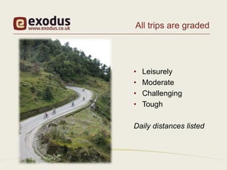 All trips are graded




•   Leisurely
•   Moderate
•   Challenging
•   Tough

Daily distances listed
 