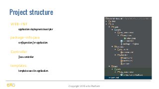 Project structure
Copyright 2015 eXo Platform
WEB-INF
application deployment descriptor
package-info.java
configuration fo...