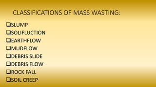 CLASSIFICATIONS OF MASS WASTING:
SLUMP
SOLIFLUCTION
EARTHFLOW
MUDFLOW
DEBRIS SLIDE
DEBRIS FLOW
ROCK FALL
SOIL CREEP
 
