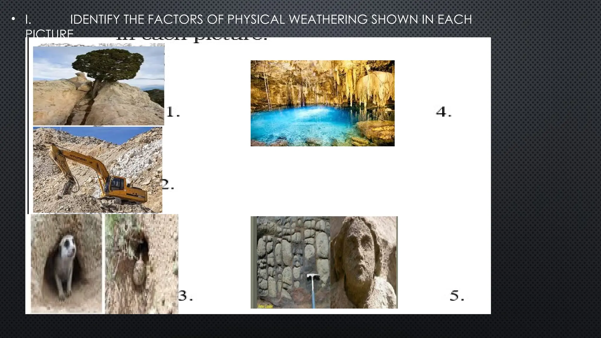 • I. IDENTIFY THE FACTORS OF PHYSICAL WEATHERING SHOWN IN EACH
PICTURE.
 