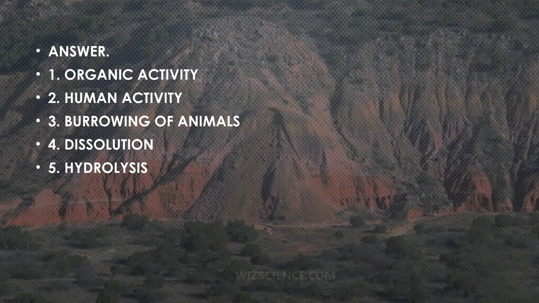 • ANSWER.
• 1. ORGANIC ACTIVITY
• 2. HUMAN ACTIVITY
• 3. BURROWING OF ANIMALS
• 4. DISSOLUTION
• 5. HYDROLYSIS
 