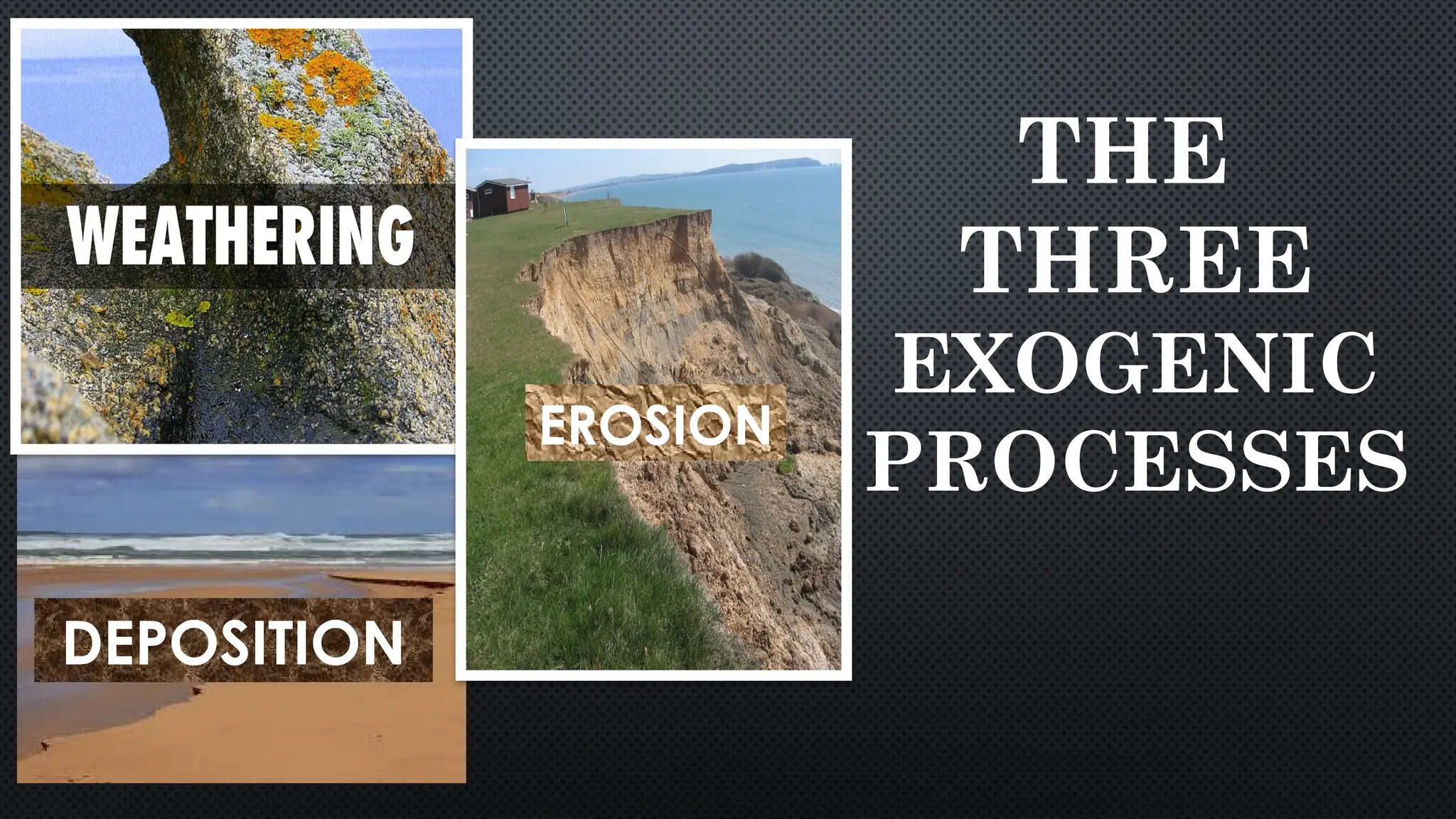 THE
THREE
EXOGENIC
PROCESSES
EROSION
DEPOSITION
 
