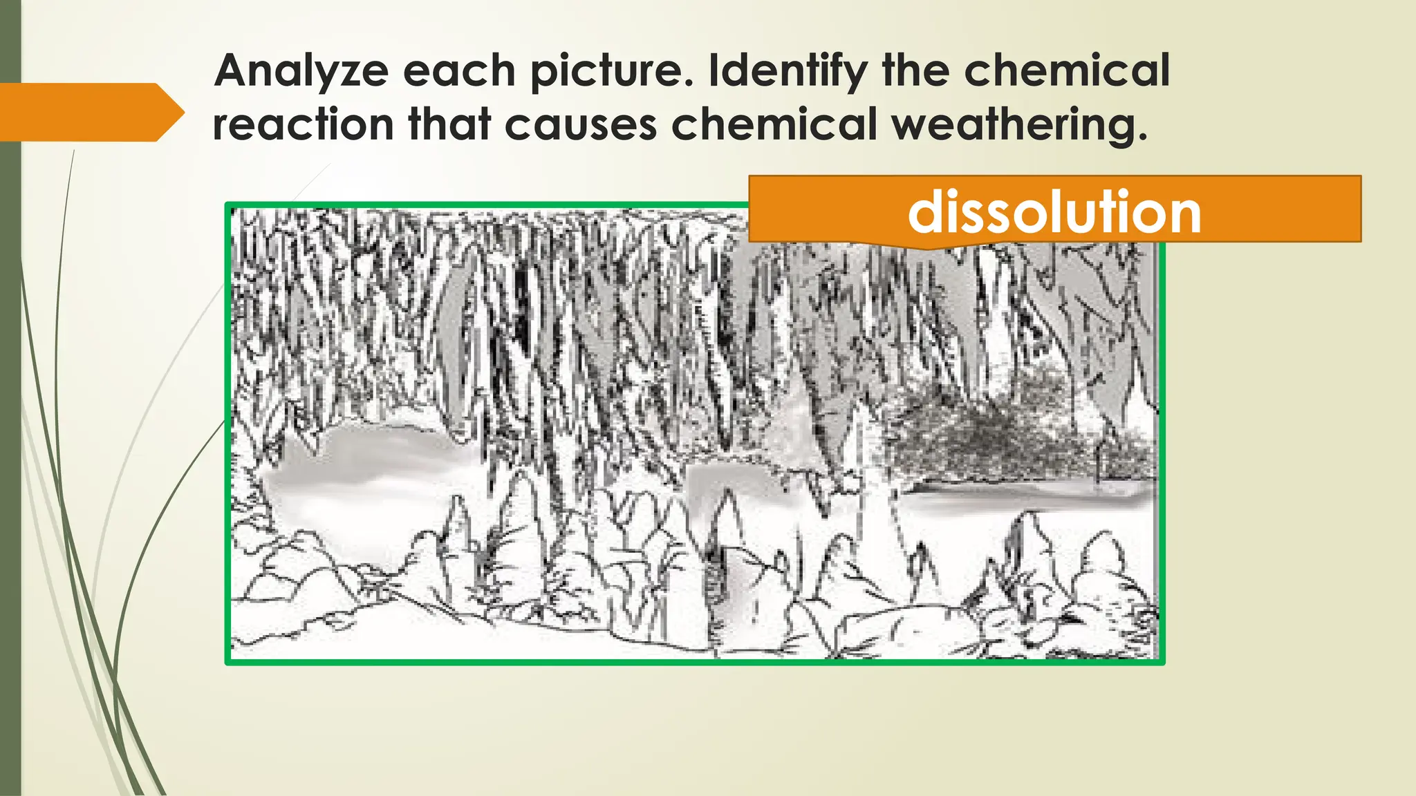Analyze each picture. Identify the chemical
reaction that causes chemical weathering.
dissolution
 