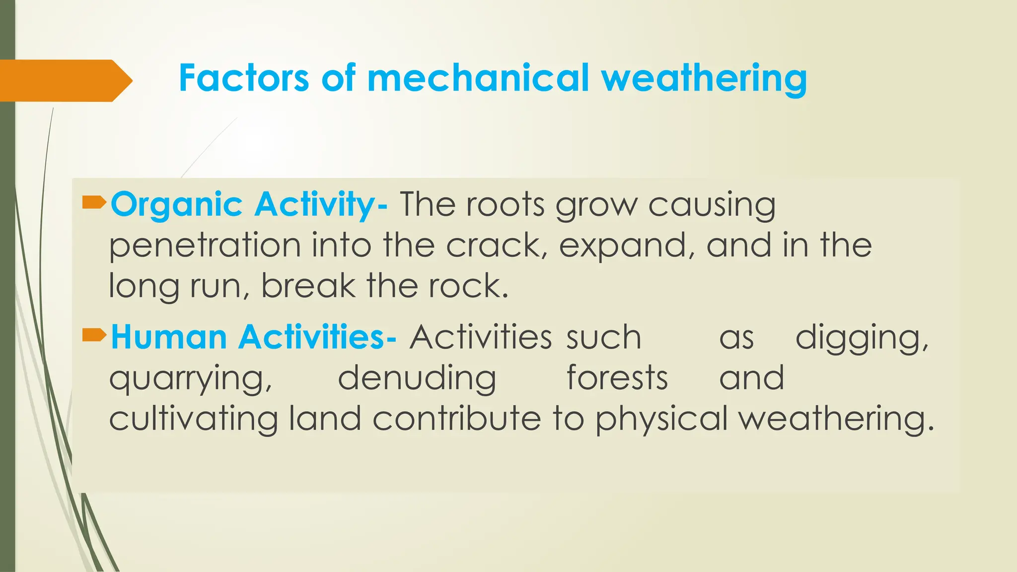Organic Activity- The roots grow causing
penetration into the crack, expand, and in the
long run, break the rock.
Human Activities- Activities such as digging,
quarrying, denuding forests and
cultivating land contribute to physical weathering.
Factors of mechanical weathering
 