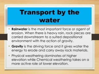 Transport by the water
• Rainwater is the most important force or agent of
erosion. When there is heavy rain, rock pieces are
carried downstream to a suited depositional
environment with the action of gravity.
• Gravity is the driving force and it gives water the
energy to erode and carry away rock materials.
• Physical weathering dominates at higher
elevation while Chemical weathering takes on a
more active role at lower elevation.
Transport by the
water
 