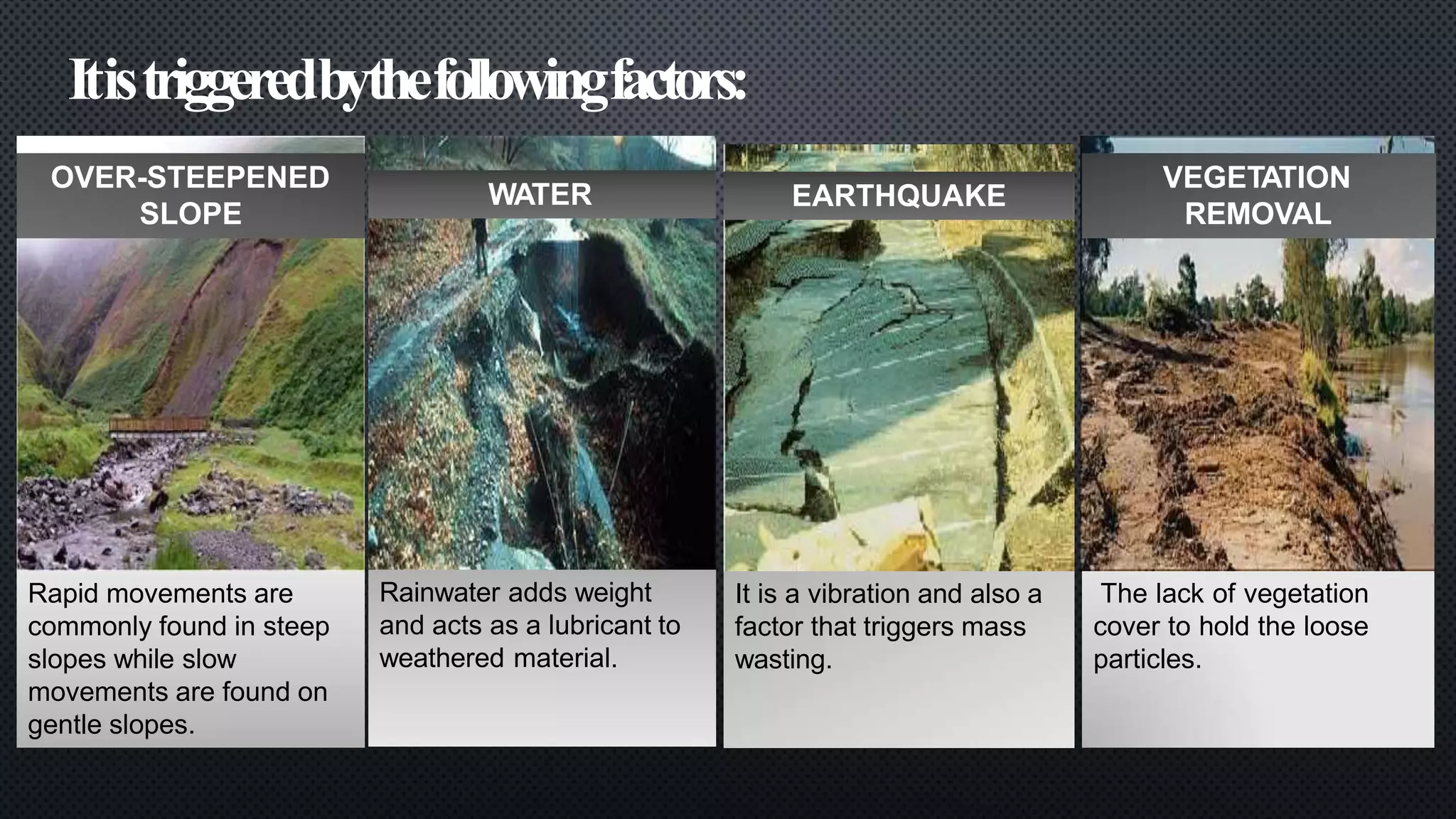 Itistriggeredbythefollowingfactors:
WATER EARTHQUAKE
Rainwater adds weight
and acts as a lubricant to
weathered material.
It is a vibration and also a
factor that triggers mass
wasting.
The lack of vegetation
cover to hold the loose
particles.
VEGETATION
REMOVAL
OVER-STEEPENED
SLOPE
Rapid movements are
commonly found in steep
slopes while slow
movements are found on
gentle slopes.
 