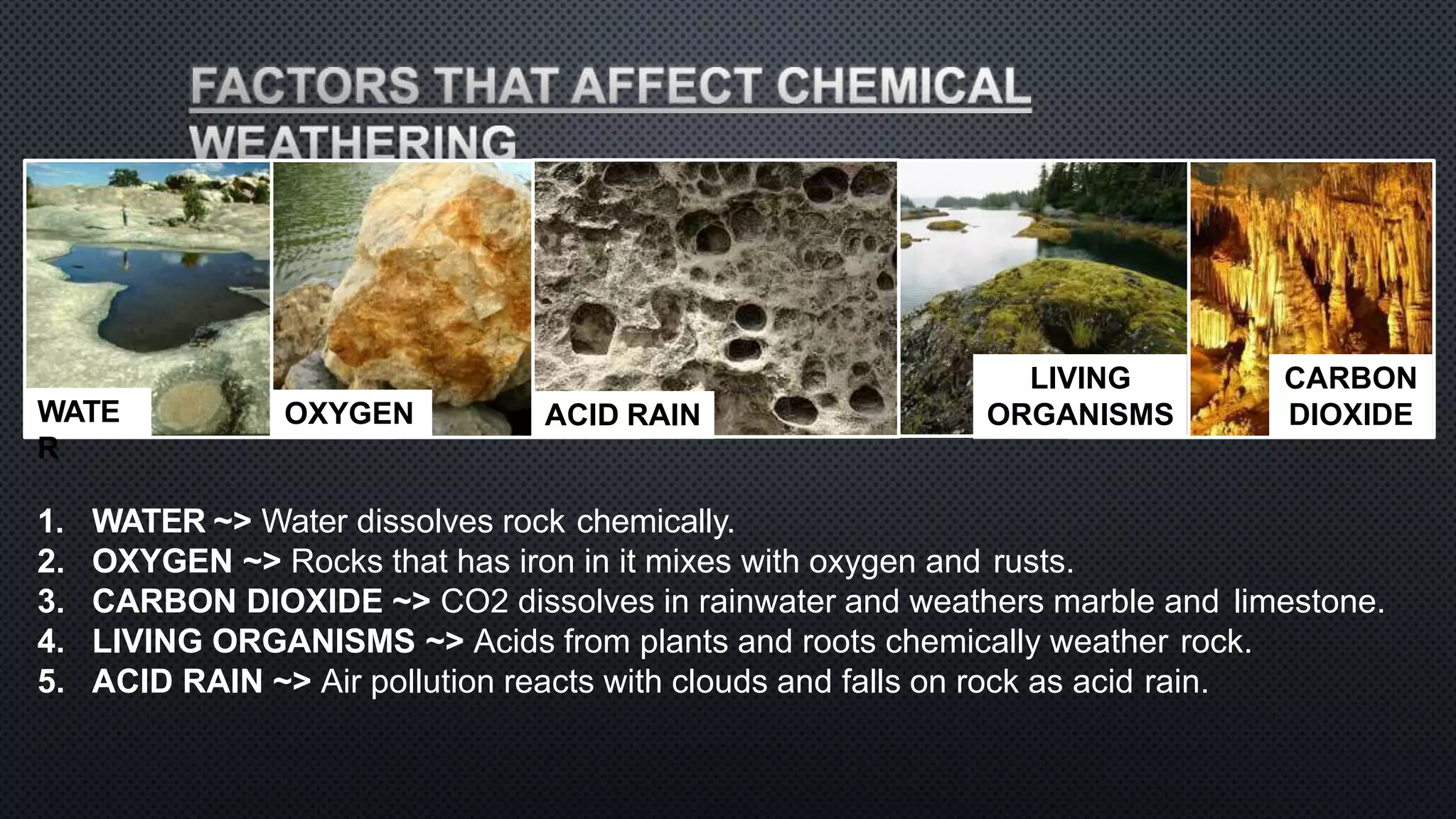WATE
CARBON
DIOXIDE
LIVING
ORGANISMS
R
1. WATER ~> Water dissolves rock chemically.
2. OXYGEN ~> Rocks that has iron in it mixes with oxygen and rusts.
3. CARBON DIOXIDE ~> CO2 dissolves in rainwater and weathers marble and limestone.
4. LIVING ORGANISMS ~> Acids from plants and roots chemically weather rock.
5. ACID RAIN ~> Air pollution reacts with clouds and falls on rock as acid rain.
OXYGEN ACID RAIN
 