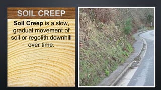 Soil Creep is a slow,
gradual movement of
soil or regolith downhill
over time.
 