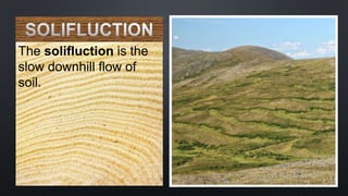 The solifluction is the
slow downhill flow of
soil.
 