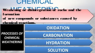 CHEMICAL
WEATHERINGWeakening or disintegration of rocks and the
formation
of new compounds or substances caused by
chemical reactions.
Weakening or disintegration of rocks and the
formation
of new compounds or substances caused by
chemical reactions.
PROCESSES OF
CHEMICAL
WEATHERING
OXIDATION
CARBONATION
HYDRATION
SOLUTION
 