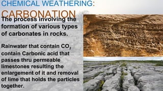 CHEMICAL WEATHERING:
CARBONATION
08/04/19
The process involving the
formation of various types
of carbonates in rocks.
Rainwater that contain CO2
contain Carbonic acid that
passes thru permeable
limestones resulting the
enlargement of it and removal
of lime that holds the particles
together.
 