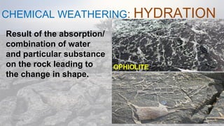 CHEMICAL WEATHERING: HYDRATION
08/04/19
Result of the absorption/
combination of water
and particular substance
on the rock leading to
the change in shape.
OPHIOLITE
 