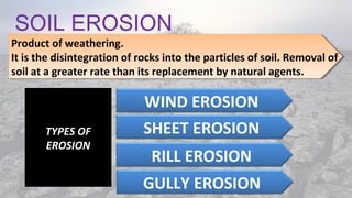SOIL EROSION
08/04/19
Product of weathering.
It is the disintegration of rocks into the particles of soil. Removal of
soil at a greater rate than its replacement by natural agents.
Product of weathering.
It is the disintegration of rocks into the particles of soil. Removal of
soil at a greater rate than its replacement by natural agents.
TYPES OF
EROSION
WIND EROSION
SHEET EROSION
RILL EROSION
GULLY EROSION
 
