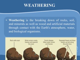 WEATHERING
• Weathering is the breaking down of rocks, soil,
and minerals as well as wood and artificial materials
through contact with the Earth's atmosphere, water,
and biological organisms.
 