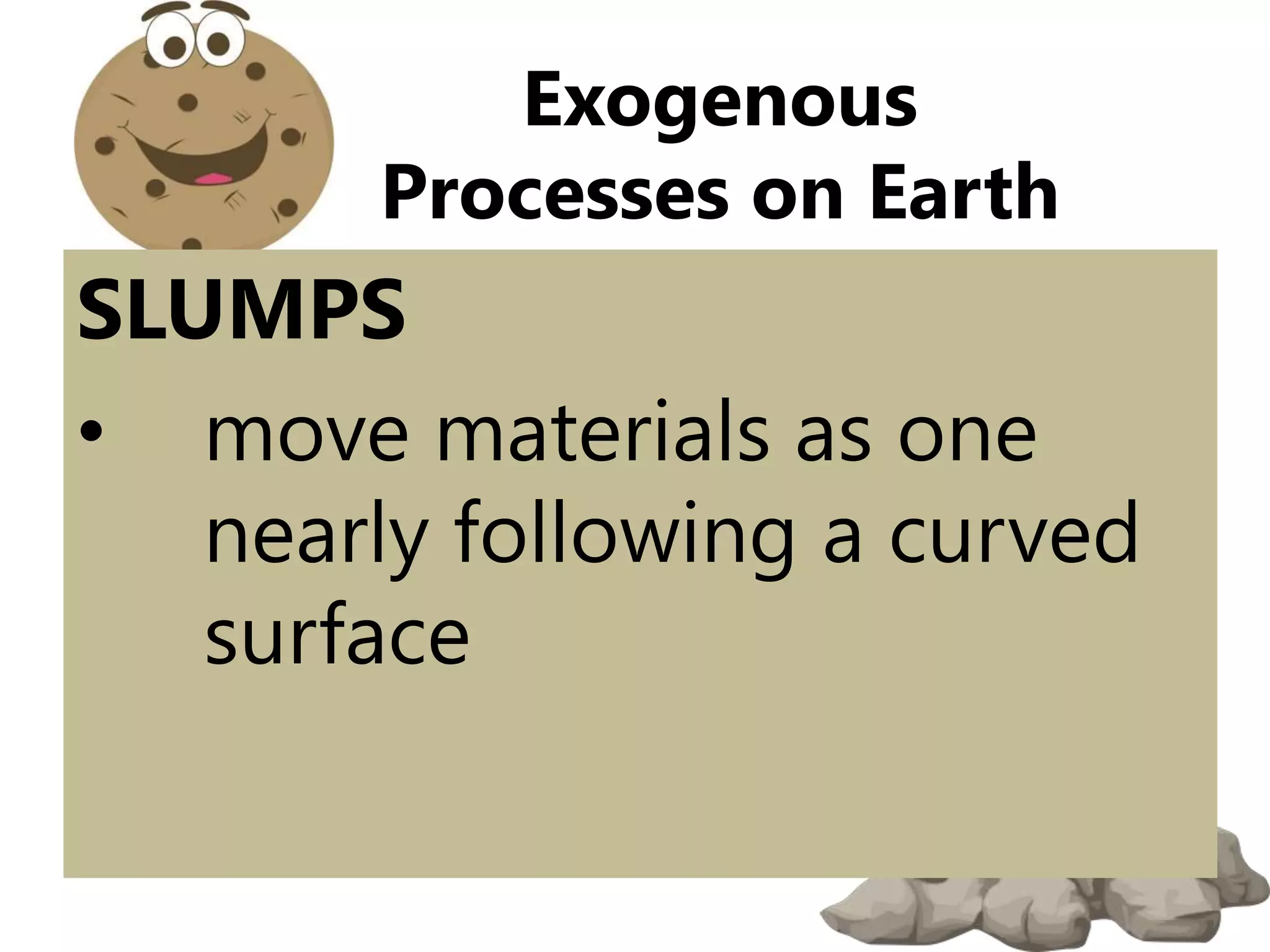 SLUMPS
• move materials as one
nearly following a curved
surface
Exogenous
Processes on Earth
 