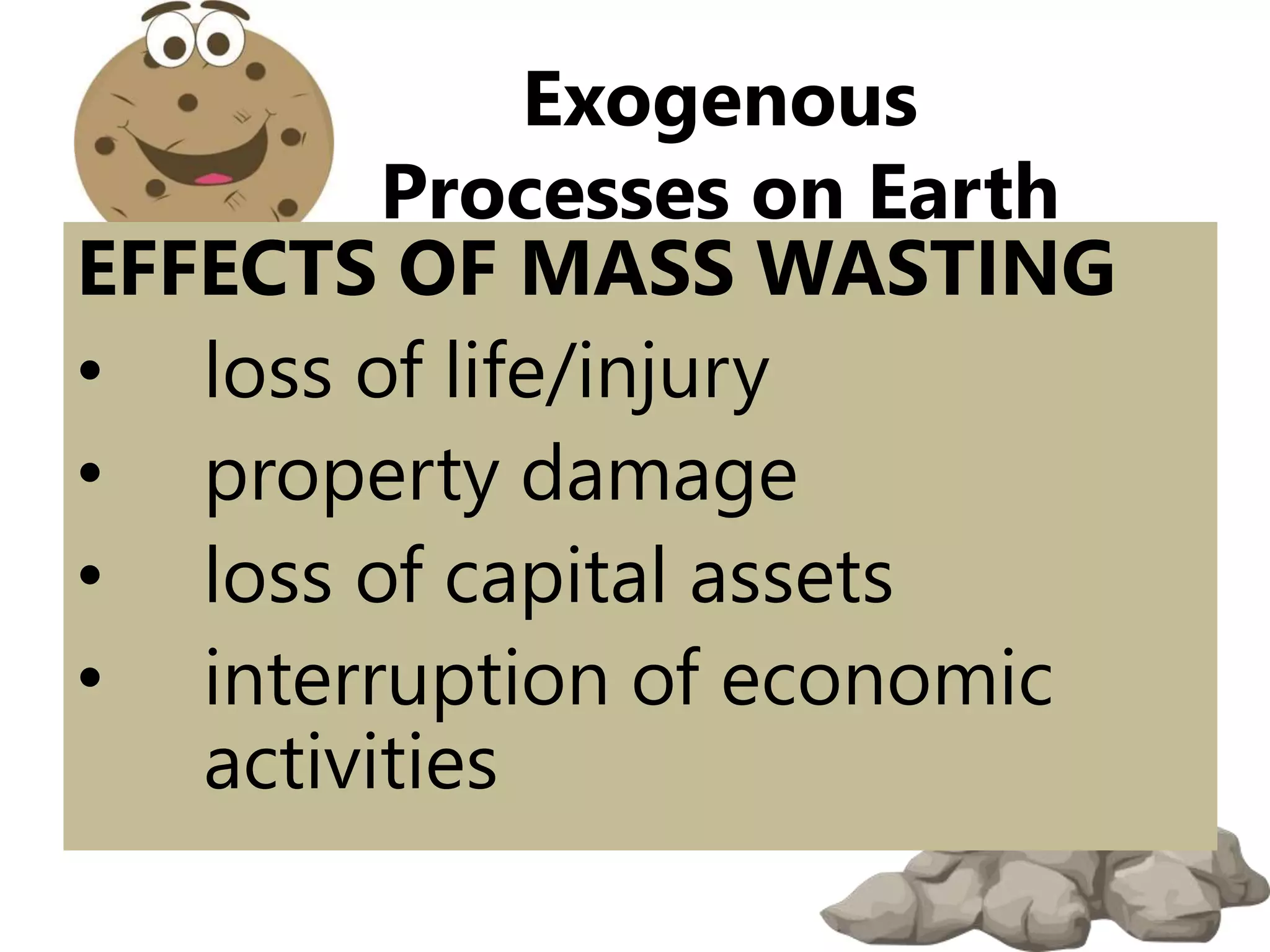 EFFECTS OF MASS WASTING
• loss of life/injury
• property damage
• loss of capital assets
• interruption of economic
activities
Exogenous
Processes on Earth
 