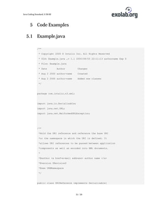 Java Coding Standard, 3/26/02

5 Code Examples
5.1 Example.java
/**
* Copyright 2000 © Intalio Inc. All Rights Reserved
* $Id: Example.java ,v 1.1 2000/08/03 22:11:13 authorname Exp $
* File: Example.java
* Date

Author

Changes

* Aug 2 2000 author-name

Created

* Aug 2 2000 author-name

Added new classes

*/

package com.intalio.n3.xml;

import java.io.Serializable;
import java.net.URL;
import java.net.MalformedURLException;

/**
*Hold the URI reference and reference the base URI
*or the namespace in which the URI is defined. It
*allows URI references to be passed between application
*components as well as encoded into XML documents.
*
*@author <a href=e-mail address> author name </a>
*@version $Revision$
*@see URNNamespace
*/

public class URIReference implements Serializable{

31 / 39

 