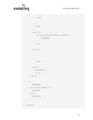 Java Coding Standard, 3/26/02

...
} else {
...
}
break;

case DEF:
for (initialization; condition; update) {
statements;
}
break;

case XYZ:
{
...
}
break;

default:
statements;
break;
} //switch

try {
statements;
} catch (ExceptionClass e) {
statements;
} finally {
statements;
}

}//hashCode

34

 