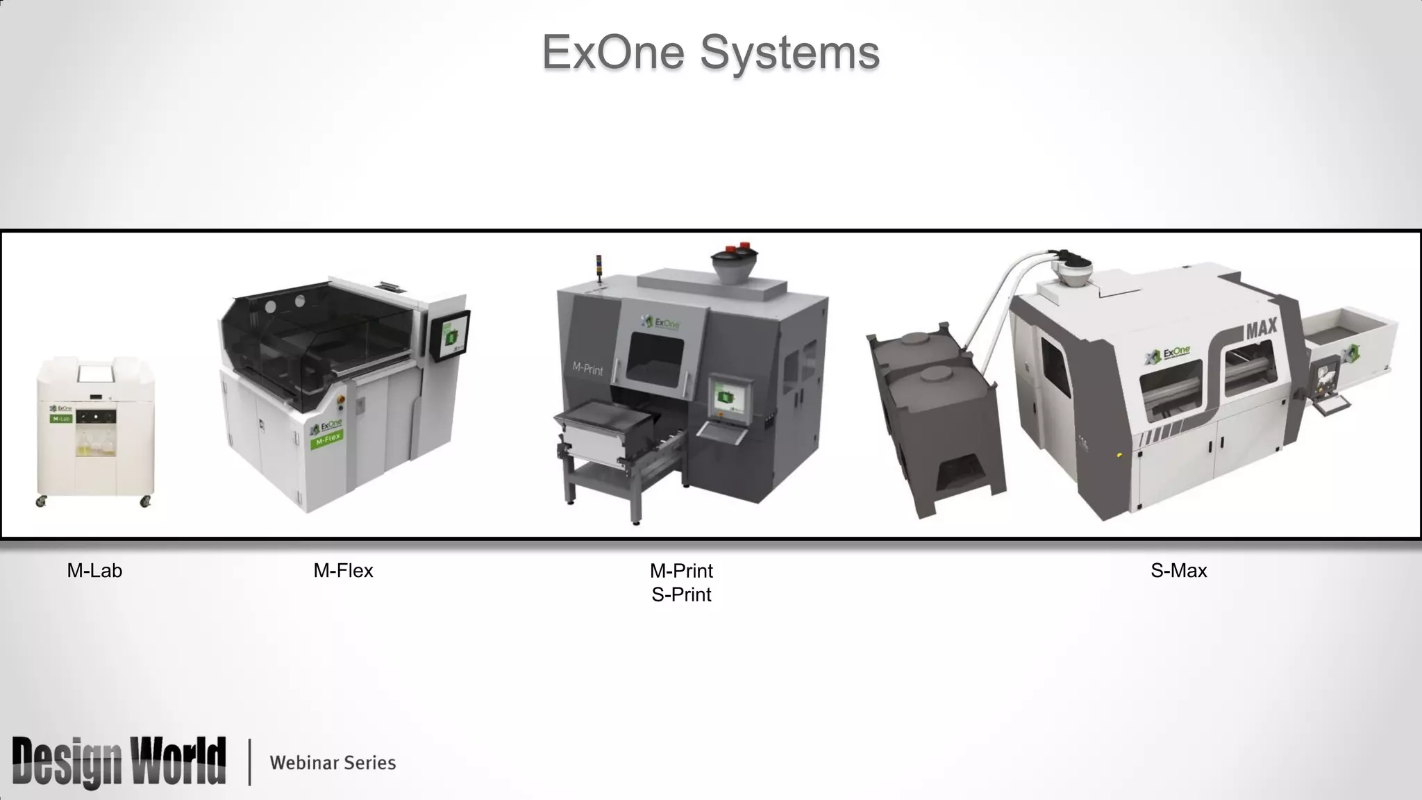 ExOne Systems

M-Lab

M-Flex

M-Print
S-Print

S-Max

 