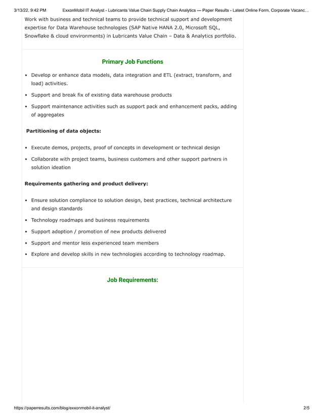 ExxonMobil IT Analyst Lubricants Value Chain Supply Chain Analytics