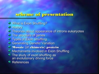 scheme of presentationscheme of presentation
What is Exon Shuffling?What is Exon Shuffling?
HistoryHistory
Theories about appearance of introns eukaryotesTheories about appearance of introns eukaryotes
The structure of genesThe structure of genes
Types of Exon ShufflingTypes of Exon Shuffling
Generating Genetic VariationGenerating Genetic Variation
MosaicMosaic (or(or chimericchimeric)) proteinprotein
Mechanisms involved in Exon ShufflingMechanisms involved in Exon Shuffling
The study of exon shuffling asThe study of exon shuffling as
an evolutionary driving forcean evolutionary driving force
ReferencesReferences
 