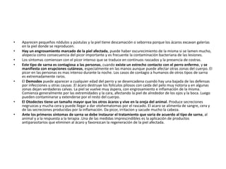•   Aparecen pequeños nódulos y pústulas y la piel tiene descamación o seborrea porque los ácaros excavan galerías
    en la piel donde se reproducen.
•   Hay un engrosamiento marcado de la piel afectada, puede haber oscurecimiento de la misma si se lamen mucho,
    alopecia como consecuencia del picor importante y es frecuente la contaminación bacteriana de las lesiones.
•   Los síntomas comienzan con el picor intenso que se traduce en continuos rascados y la presencia de costras.
•   Este tipo de sarna es contagiosa a las personas, cuando existe un estrecho contacto con el perro enfermo, y se
    manifiesta con erupciones cutáneas, especialmente en las manos aunque puede afectar otras zonas del cuerpo. El
    picor en las personas es mas intenso durante la noche. Los casos de contagio a humanos de otros tipos de sarna
    es extremadamente raros.
•   El Demodex puede aparecer a cualquier edad del perro y se desencadena cuando hay una bajada de las defensas
    por infecciones u otras causas .El ácaro destruye los folículos pilosos con caída del pelo muy notoria y en algunas
    zonas dejan verdaderas calvas. La piel se vuelve muy áspera, con engrosamiento e inflamación de la misma.
    Comienza generalmente por las extremidades y la cara, afectando la piel de alrededor de los ojos y la boca. Luego
    pueden contaminarse y extenderse por el resto del cuerpo.
•   El Otodectes tiene un tamaño mayor que los otros ácaros y vive en la oreja del animal. Produce secreciones
    negruzcas y mucha cera y puede llegar a dar otohematomas por el rascado. El acaro se alimenta de sangre, cera y
    de las secreciones producidas por la inflamación. Da picor, irritacion y sacude mucho la cabeza.
•   Ante los primeros síntomas de sarna se debe instaurar el tratamiento que varia de acuerdo al tipo de sarna, al
    animal y a la respuesta a la terapia .Una de las medidas imprescindibles es la aplicación de productos
    antiparasitarios que eliminen al ácaro y favorezcan la regeneración de la piel afectada.
 